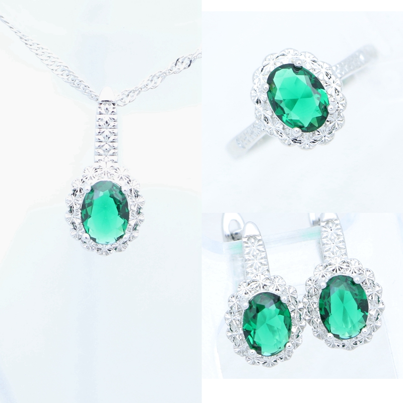 Anillo granate, pendientes, colgante, collar, joyería dulce, conjunto de joyas de plata de ley 925 para mujer, caja de gratis: Verde