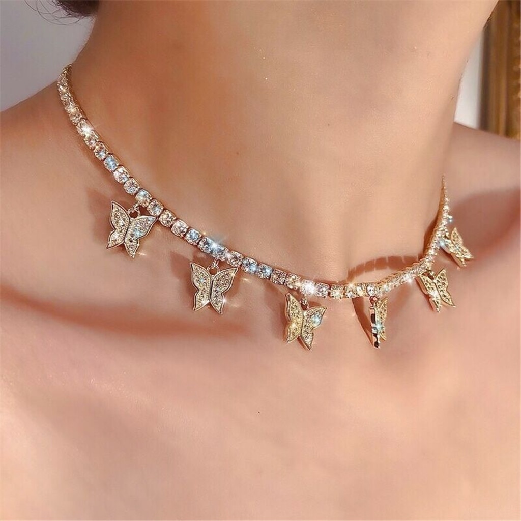 Moda non-dissolvenza in acciaio inox Animale farfalla stella Collana in oro Le Donne Collana Girocollo Pendenti con Gemme E Perle Femme Dei Monili Della Catena regali