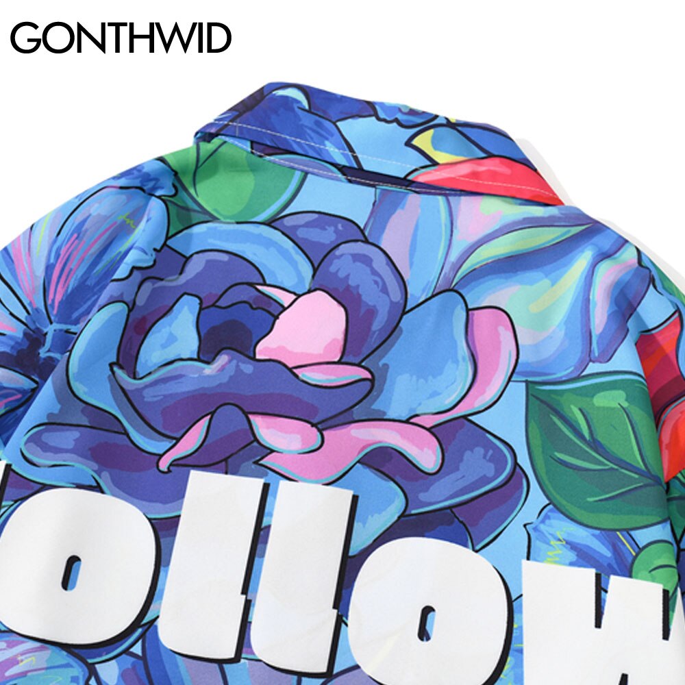Gonthwid Rose Bloemen Print Bloemen Hawaiian Strand Shirts Streetwear Mannen Hip Hop Harajuku Lange Mouw Knop Party Blouse Tops