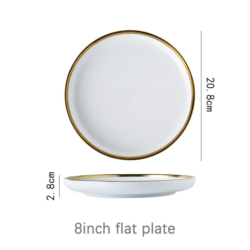 Juego de vajilla de porcelana con borde dorado, plato de cerámica para pastel, comida, ensalada, sopa, tazón, vajilla para restaurante: 8inch flat plate