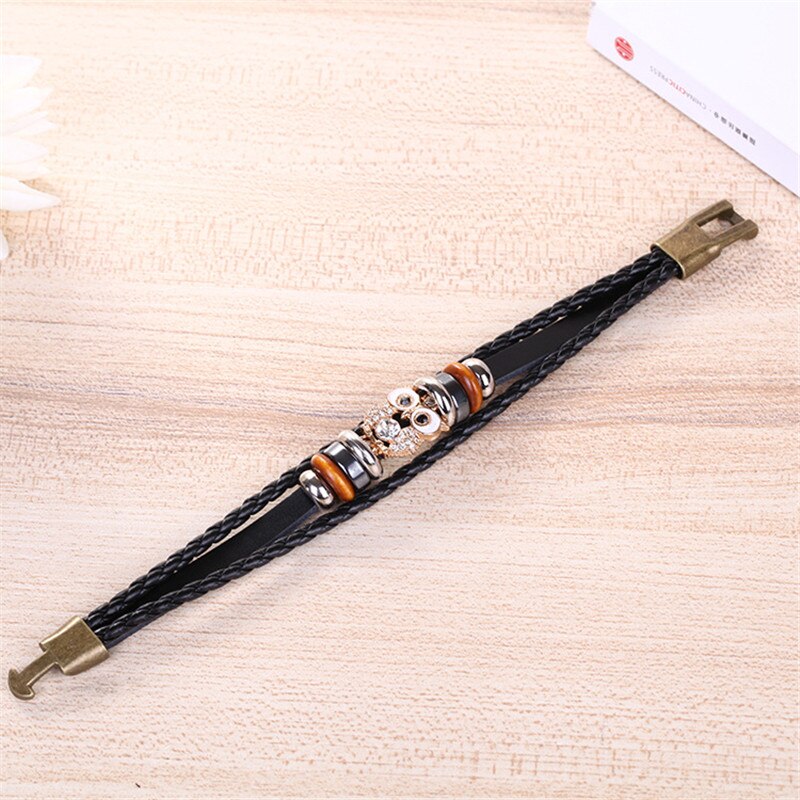 Zoshi pulseira de couro pu com design original, pulseira de coruja de strass com contas, moda feminina, pulseira casual para homens