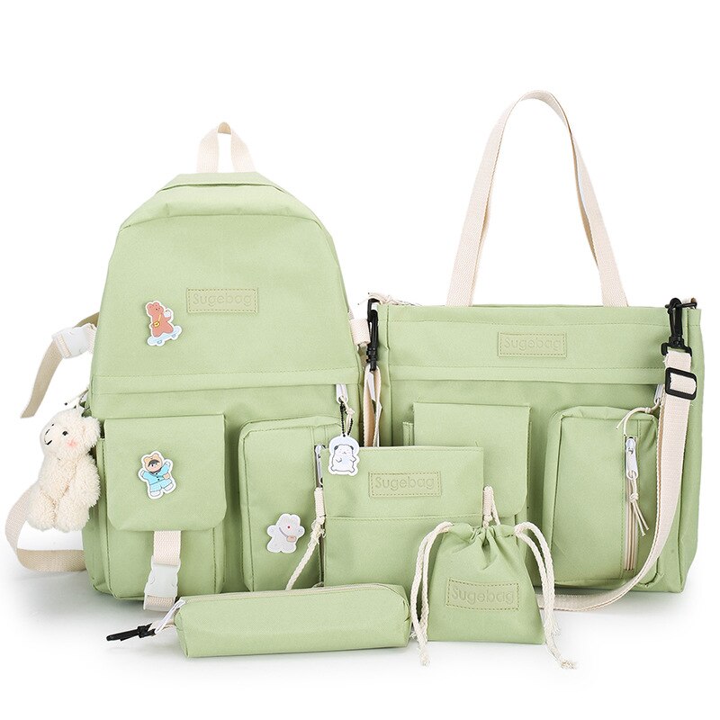 4 Stks/set Schooltassen Voor Tienermeisjes Rugzak Vrouwen Nylon Middelbare School Student Boekentas Multifunctionele Schooltas: green