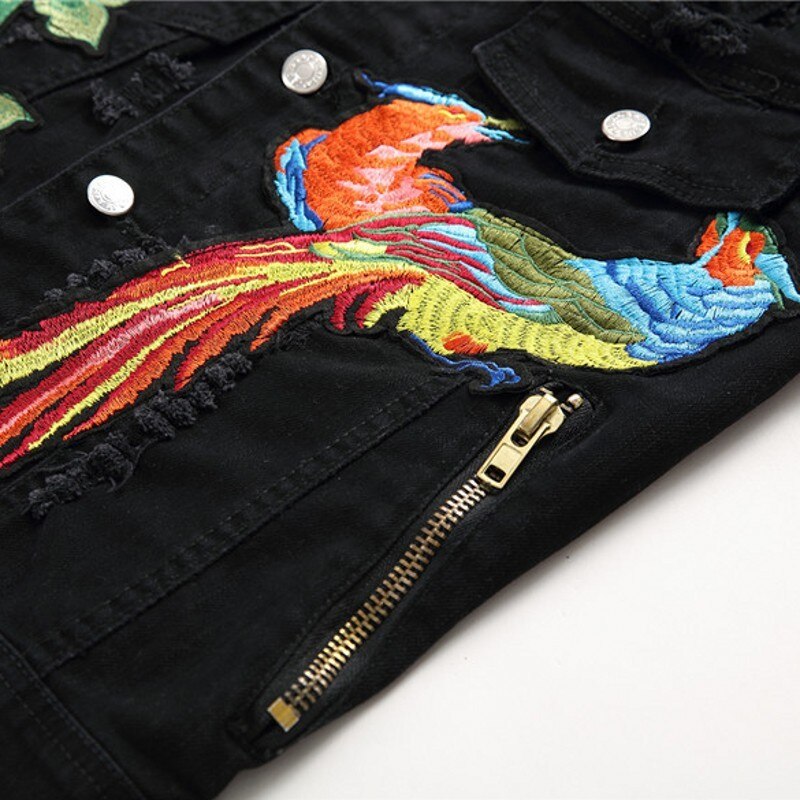 Mens Denim Vests Summer Distressed Sleeveless Black Jaqueta Masculina Slim Fit Embroidery Flower Casual Jeans Vest