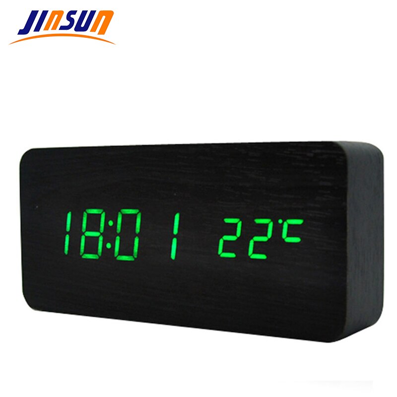 JINSUN Moderne sensor Houten Klok Dual led display Bamboe Klok digitale wekker Tonen Temp Tijd Voice Control KSW104-CT-BK-GN