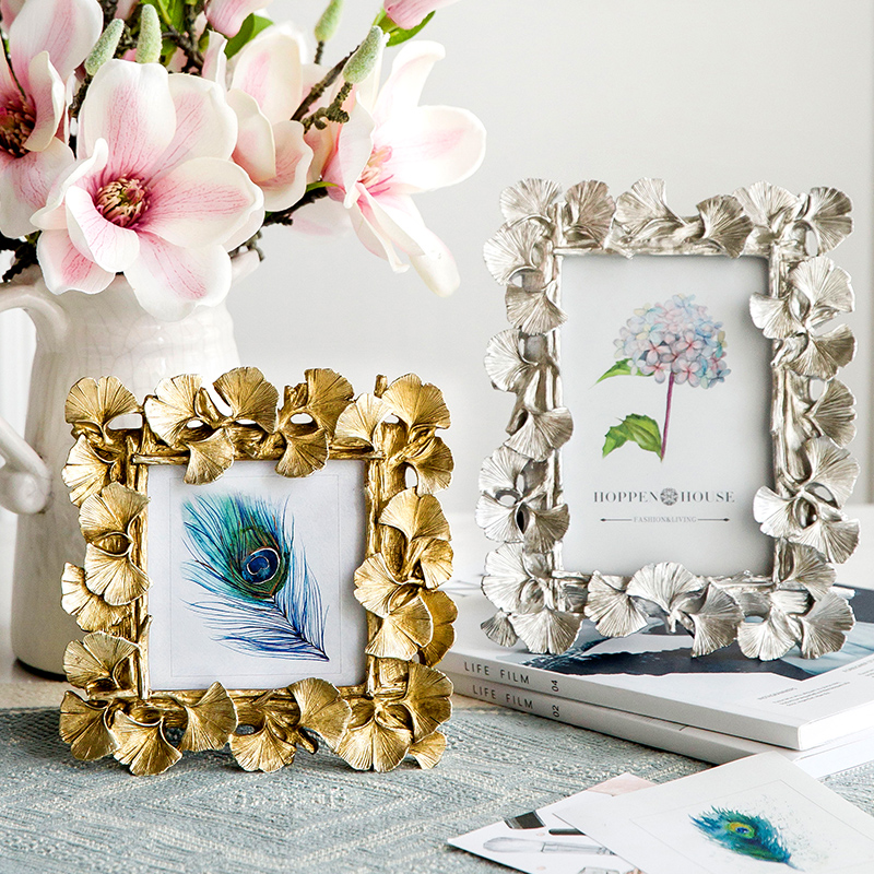 Marco original de resina de hoja dorada de Ginkgo, marco de fotos Vintage, para el hogar Decoración Retro, boda, artesanía, marco de fotos, , 4/6 pulgadas