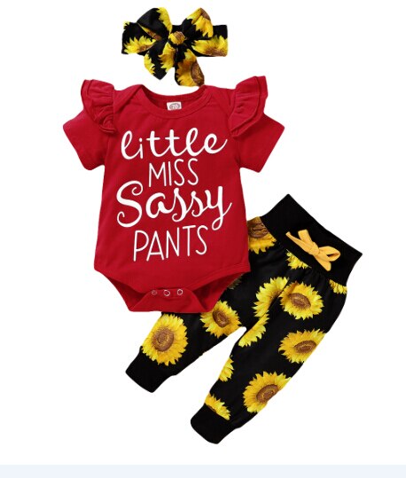 Baby zomer 3 -delige set babymeisjes jongens letter bloemen ruches korte mouwen romper top + broek + hoofdband: D / 6m