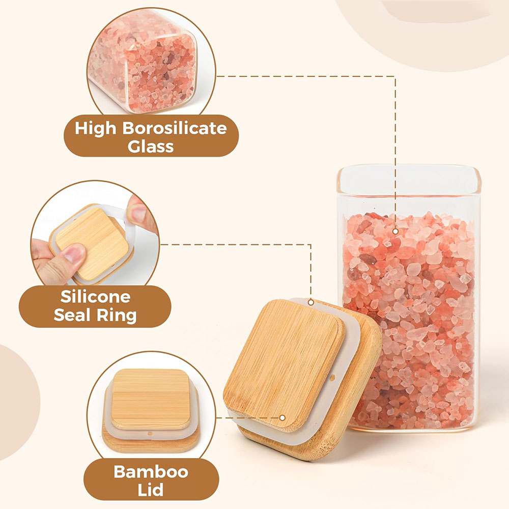 Glazen kruidenpotjes met bamboe deksel, 8oz luchtdichte vierkante containers met zwarte labels, lege kruidenpotten voor kruidenzoutsuiker