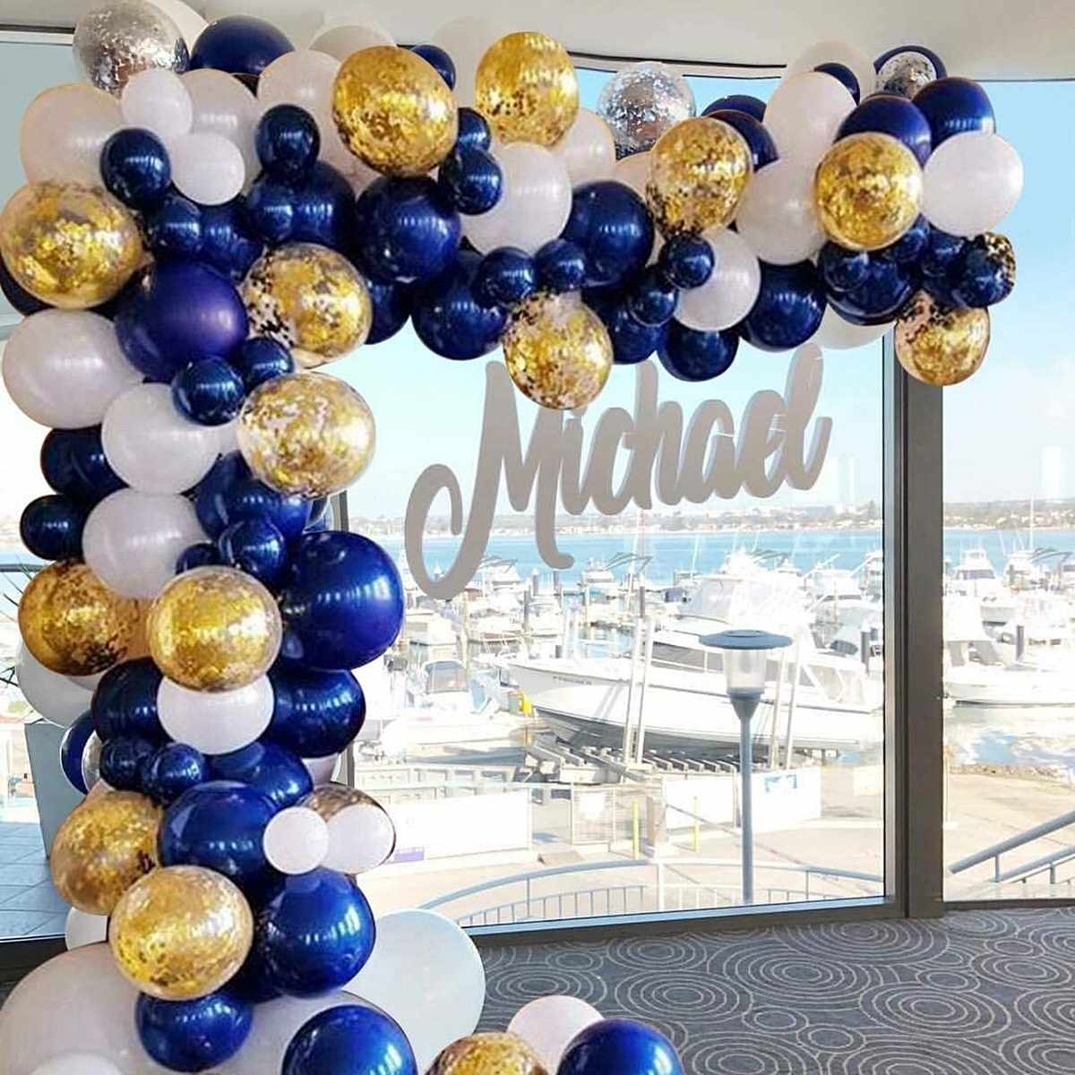 61Pcs Navy Theme Party Balloon Pack Arch Latex Balloon with Gold Confetti Set for Kids Baby Shower Birthday Party Decoration