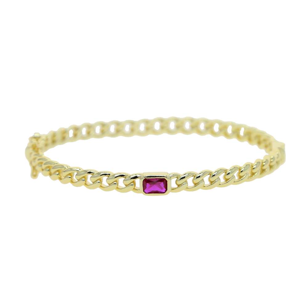 Gold-colored cuban link chain band bangle bracelet with colorful rectangles, czech-style european women's jewelry: Red