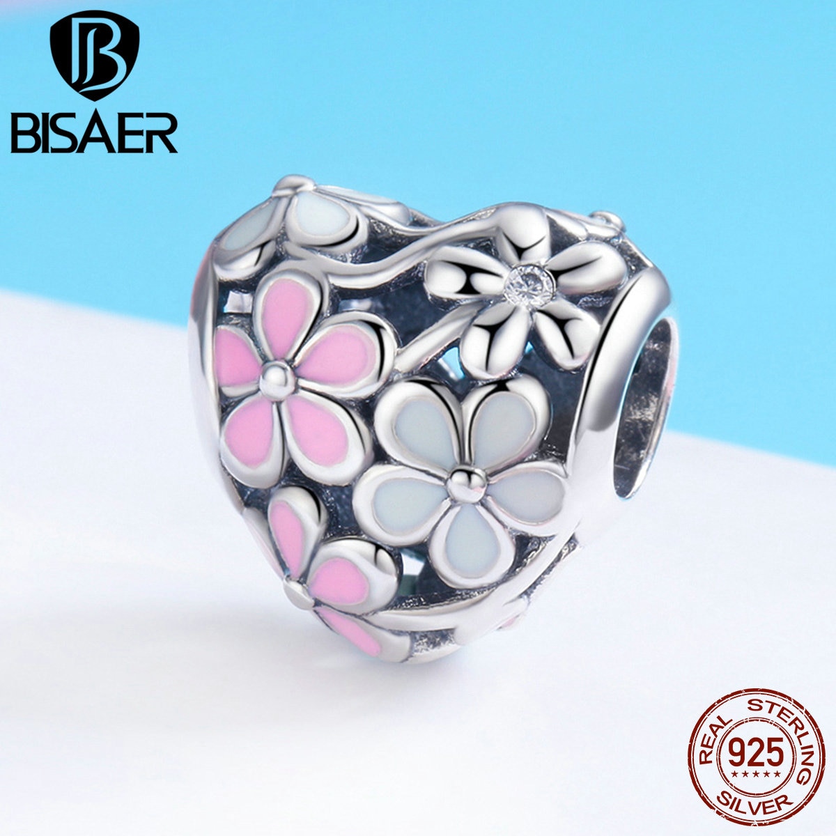 Bisaer 925 prata esterlina rosa esmalte cereja flor branco encantos flor coração contas caber prata 925 jóias fazendo ecc761