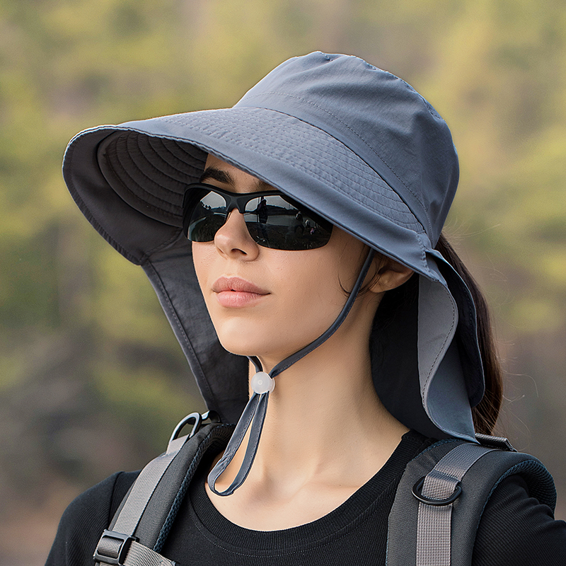 Sombrero de verano para mujer, protección UV para el cuello, visera para el sol para hombre, pesca, senderismo, chal de ala ancha, protector solar, gorra con cola de caballo undefin: Gris