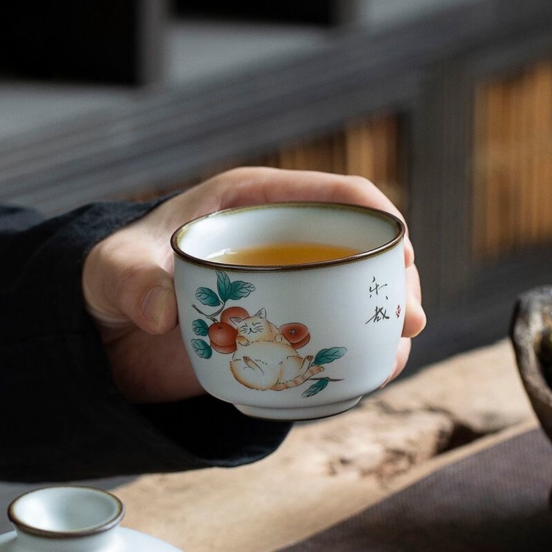 LUWU Ceramic Tea Cup Cute Cat Chinese Teacups 100ml