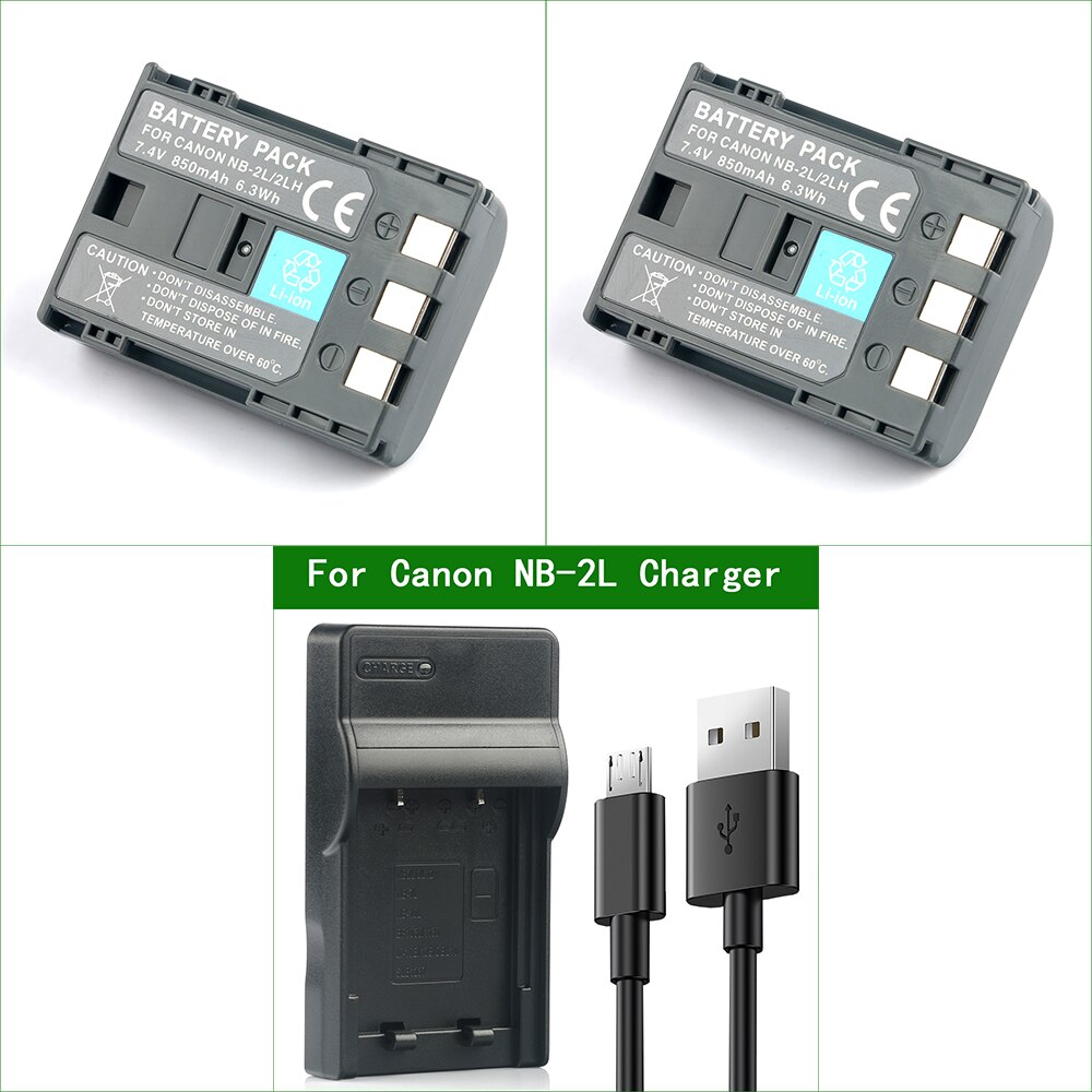 NB-2L NB-2LH Batterie D'appareil Photo Numérique Pour Canon NB-2L12 NB-2L14 NB-2L24 BP-2L5 BP-2LH CB-2LWE EOS 350D 400D Numérique Rebel XT, XTi: 2Battery 1Charger