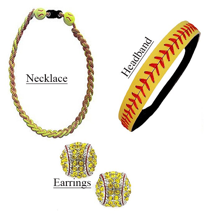 Softball Fascia Set-In Pelle Seamed Fasce Giallo con Cuciture Rosse, Softball Orecchini Post, Softball Collana di Titanio: Default Title