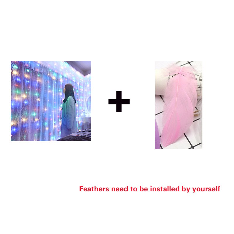 Wedding Party Backdrop Curtain 3*2/3*3m 300 LED Fairy String Light Drapes Birthday Christmas Mariage Outdoor Home Decoration: Muilt with feather / 3m(300bulb)