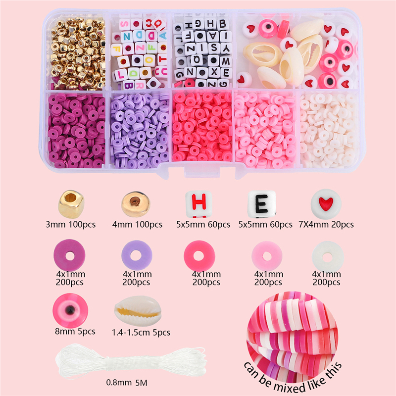 10-Gitter-Kasten-Perlen-einstellen, Polymer-Tonne, Acryl, Buchstaben-Rocailles, Schmuckherstellungsset, elastische Kordel für Mädchen und freundlicher, DIY-Armbinde: Rosa