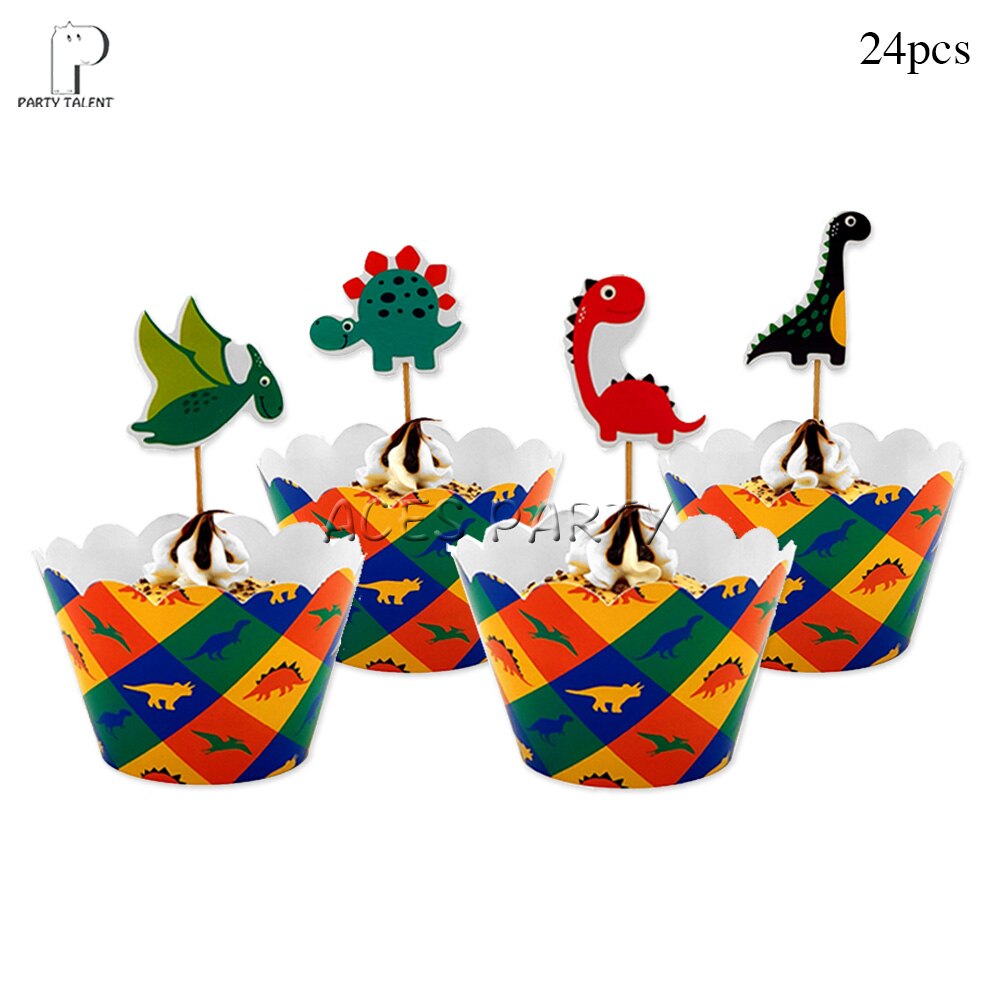 För barn födelsedag dinosaurie tema festtillbehör engångsservis tallrik kopp halm godis låda hatt inbjudningar ballong etc.: 12 set cupcake deco