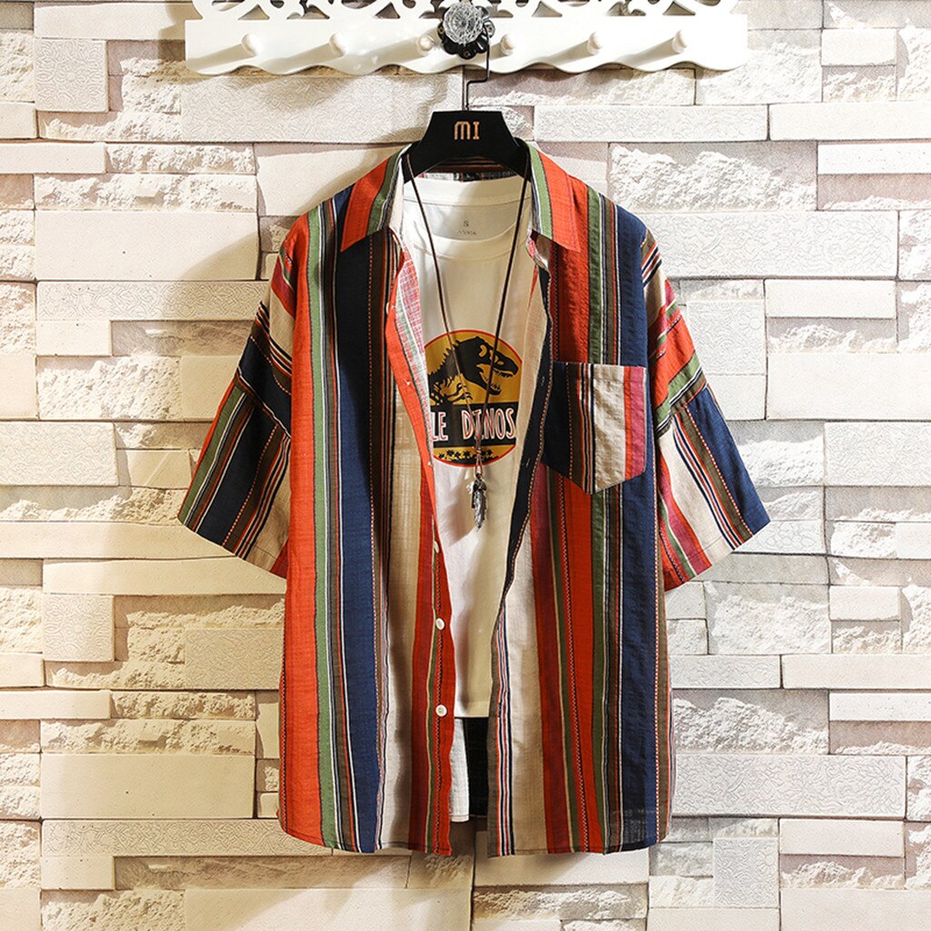 Blouse shirt heren zomer regenboog kleur zak korte mouw retro casual shirt off white harajuku top heren joggingkleding 6.19: Blauw / 5xl