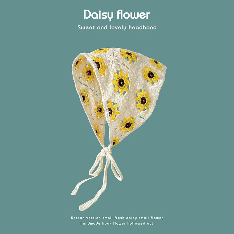 Lenço triangular feito à mão crochê malha bandana para mulheres retro bonito e doce pequena margarida cinta com bandana: Dourado