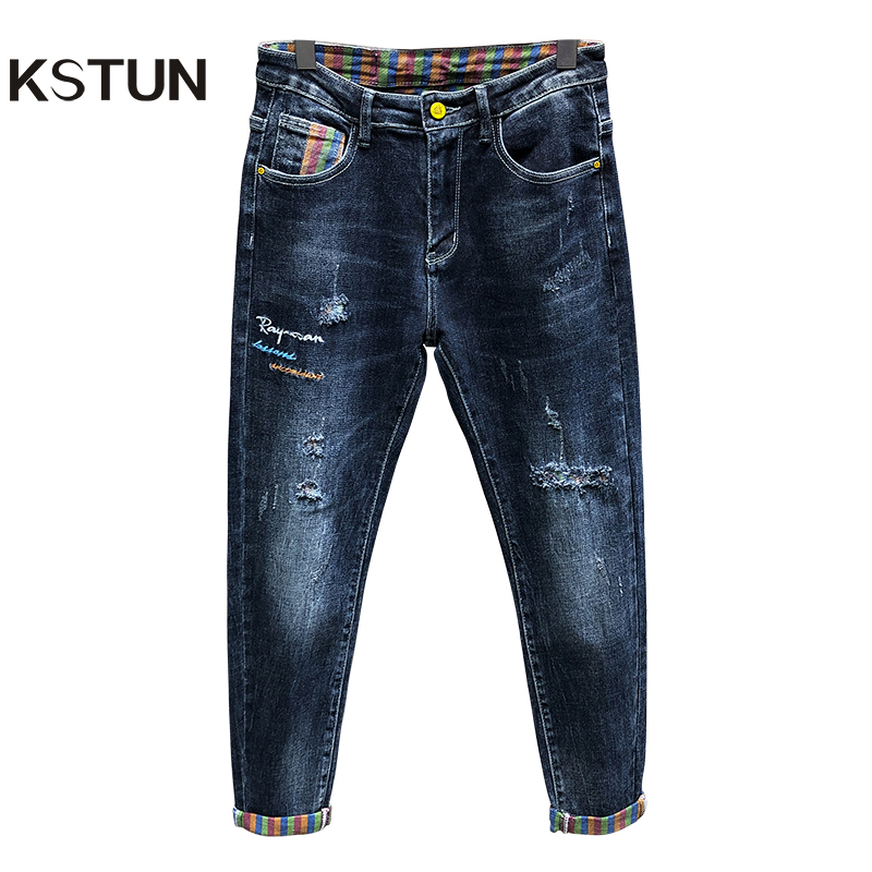 Pantalones vaqueros de estilo ceñido elásticos para hombre de estilo ceñido, azul oscuro, rasgados, a rayas, pantalones de mezclilla con parches, ropa de calle informal Yong Man Jean