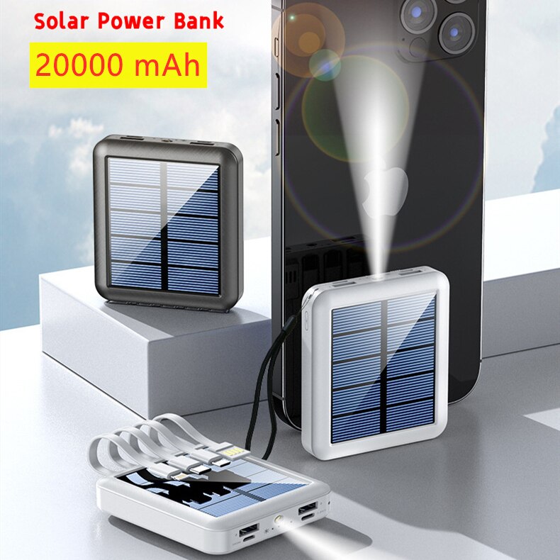 20000 Mah Solar Power Bank Met Micro Usb Type C Lightning Kabel Draagbare Oplader Led Zaklamp 4 Poorten Power Bank