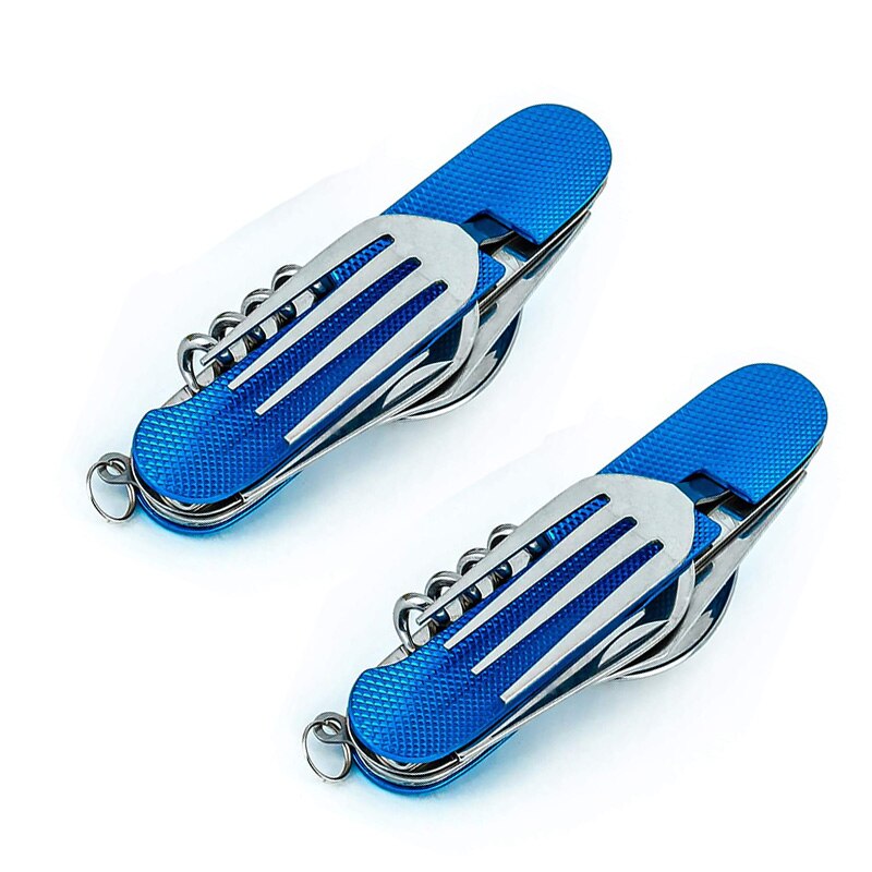 Multifunctional Foldable Pocket Stainless Steel Outdoor Camping Picnic Cutlery Knife Fork Spoon Tableware Parts: Blue 2pcs