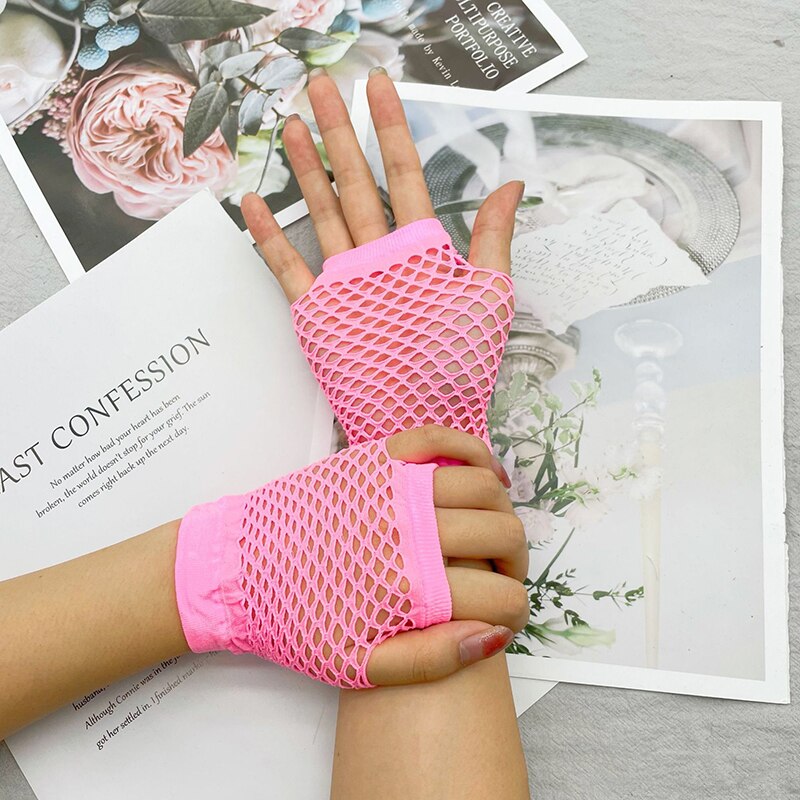 Guantes de rejilla para mujer, manoplas cortas de medio dedo, Multicolor, sexys, elásticos, de malla hueca, Punk, sin dedos, K72: Pink