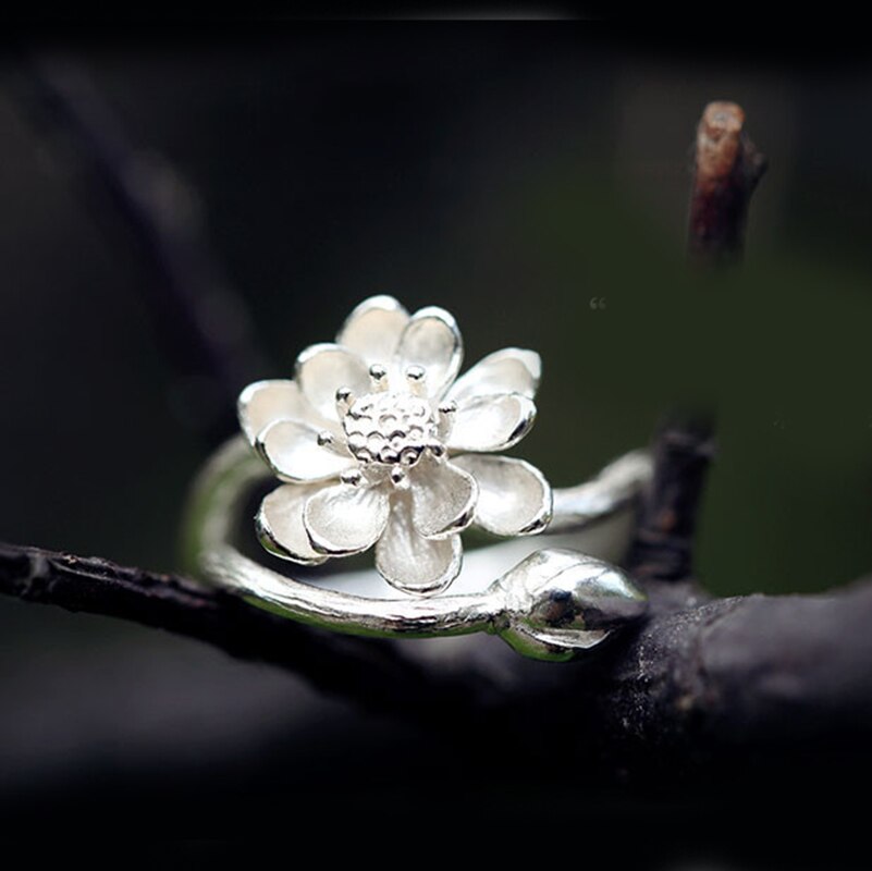 Vintage 925 Sterling Silver Lotus Flower Rings For Women Jewelry Beautiful Finger Open Rings For Party Birthday