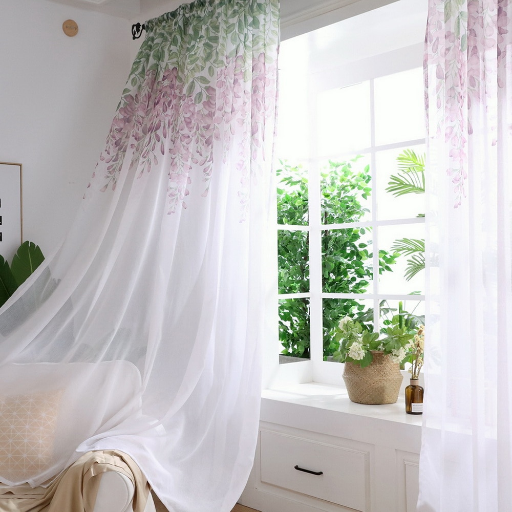 Tulle Curtain Printed Modern Flower Separated Tulle Living Room Bedroom Kitchen Draped Panel Transparent Home