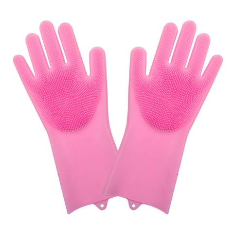 1 par handsker køkken silikone rengøringshandsker magisk silikone opvask handske til husholdnings skrubber gummi køkken rent værktøj: Lyserød