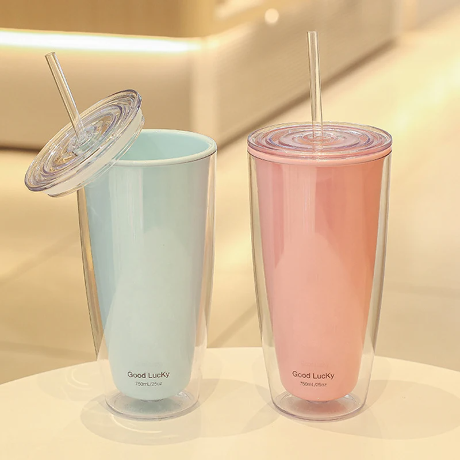 Vasos de plástico sin BPA de 750ml con tapas y pajita, botella de agua de doble capa, taza de café para beber, jugo, leche, taza con pajita