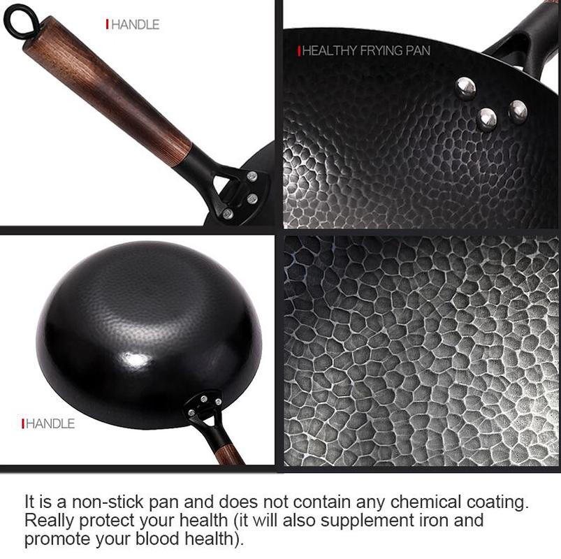 Handmade iron pot 32cm uncoated health wok non-stick pan gas stove induction cooker universal wood cover