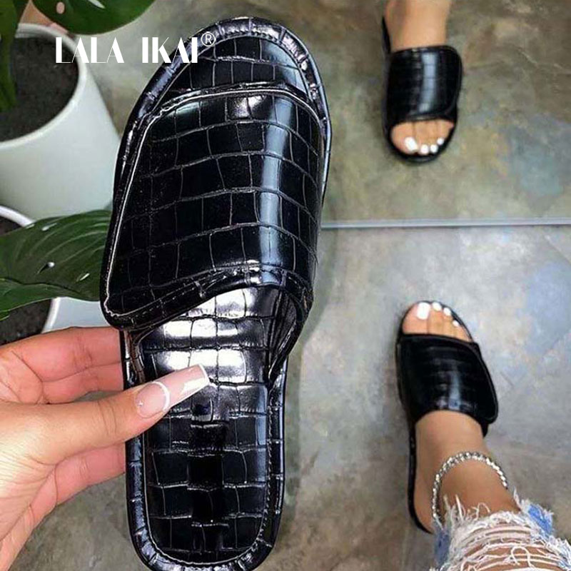 LALA IKAI Summer Flat Slippers Stone Pattern Women's Shoes Solid Color Velcro Women Flip Flop Zapatos de mujer