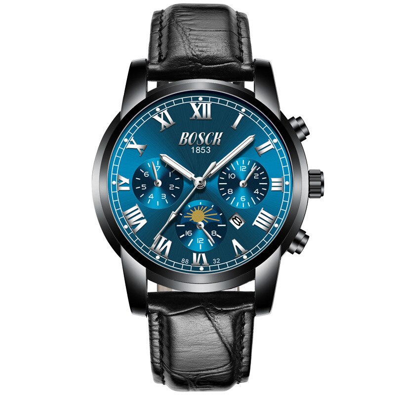 Bosck Luxe Mannen Horloges Sport Quartz Waterdichte Horloges Heren Roestvrij Stalen Band Auto Datum Horloges: leather blue