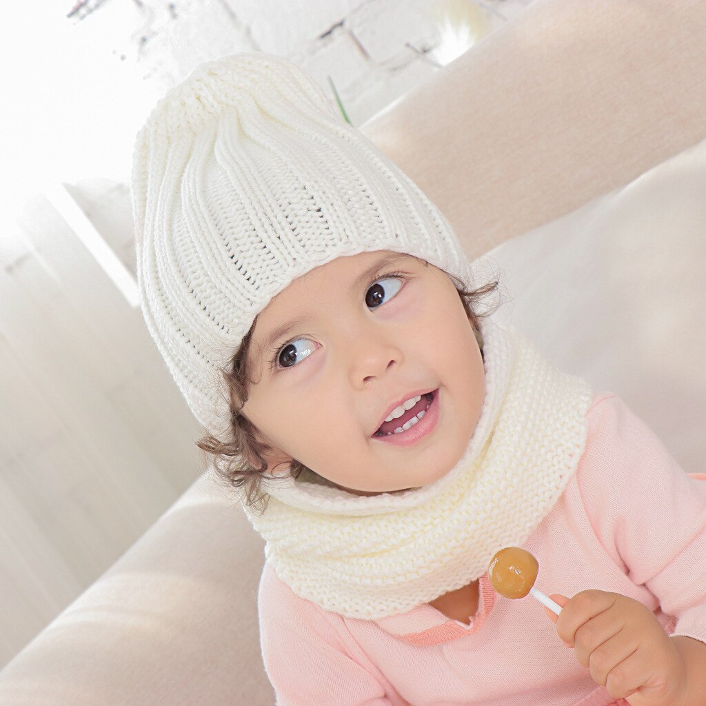 Pure color hat and scarf for children solid acrylic kid hat with a scarf knit girls boy hats scarves set winter accessories: 4