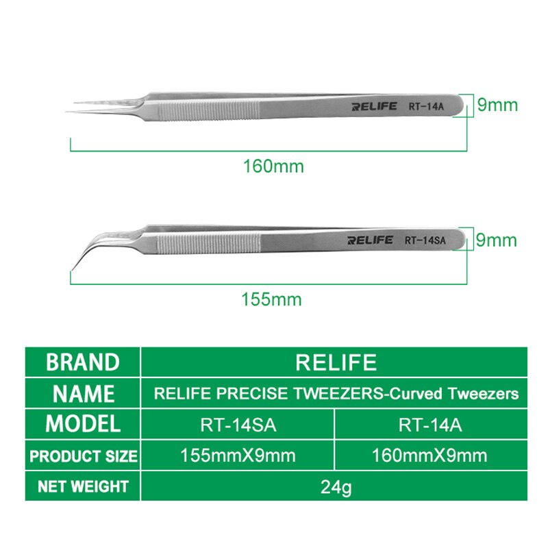 Relife-Pinzas RT-14A para reparación de teléfonos móviles, pinzas antiestáticas antideslizantes de alta dureza, punta fina de precisión, reparación de chips, RT-14SA