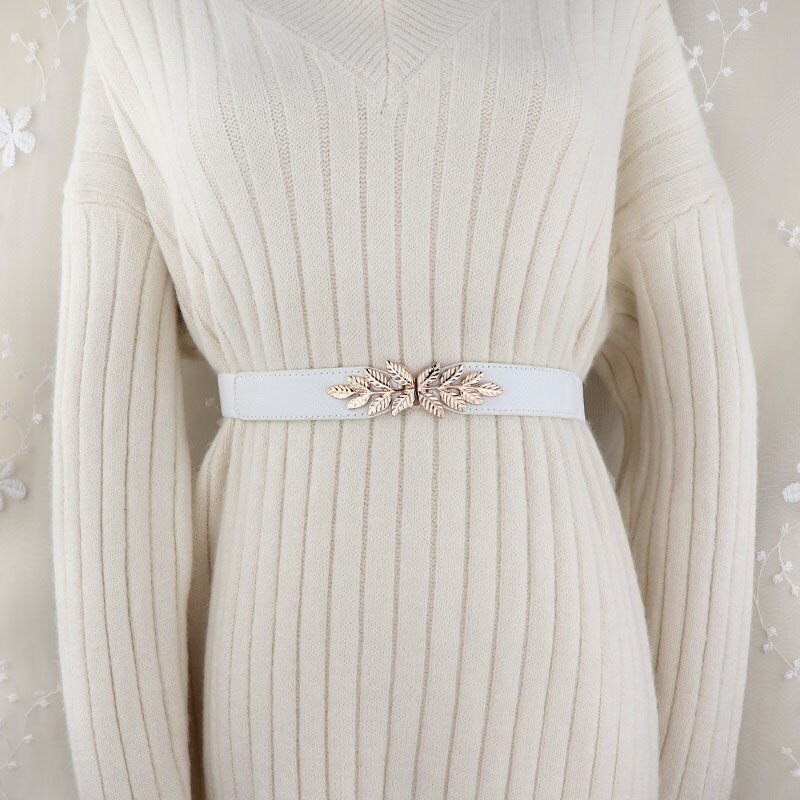Cinturones anchos para mujer, corsé de cuero PU para adelgazar la cintura, cinturones de cuerpo, cintura elástica ajustable, faja para vestido: leaf white belt