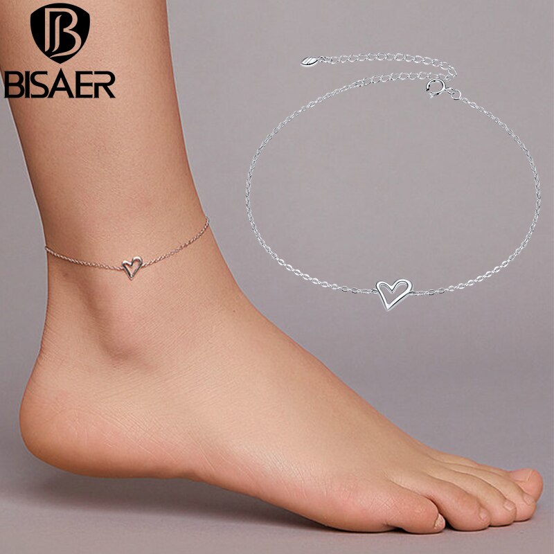 BISAER Anklets 925 Sterling Silver Heart Simple Chain Anklets For Women Feet Leg Chain Link Original Silver 925 Jewelry HST017
