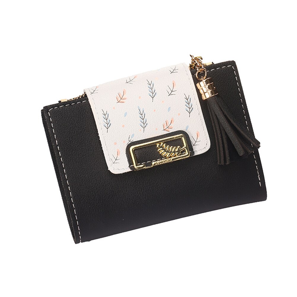 Kvinders kort pung print kvast pu clutch id kreditkortholder møntpung: Sort
