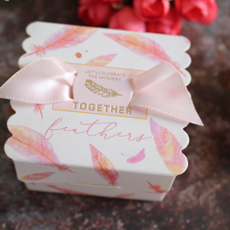 10pcs Lint Bronzing box Candy Bag wedding geschenkdoos dank u box cookie bag merci favor Tassen: Pink feather