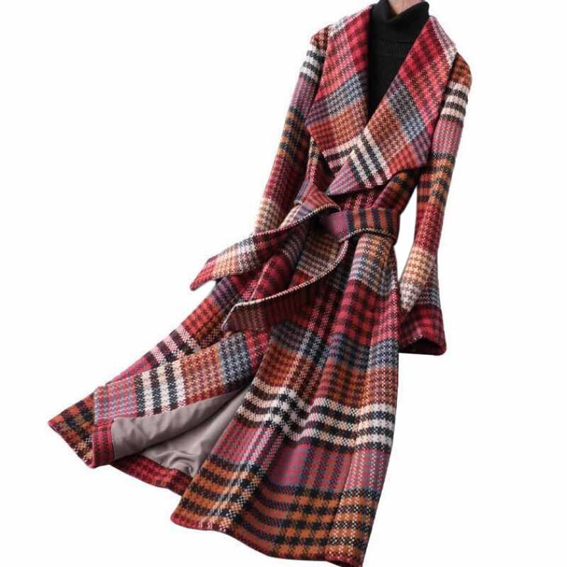 Plaid Wolle Tuch Mantel Frauen Herbst Winter Gürtel Schlank groß drehen-unten Kragen Lange Jacke lässig outwear KW338