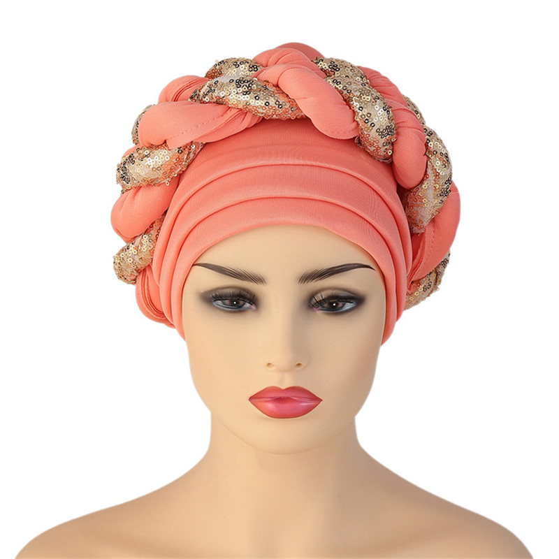 Gorro turbante trenzado de lentejuelas para mujer, tocado africano autogele: Dusty vino