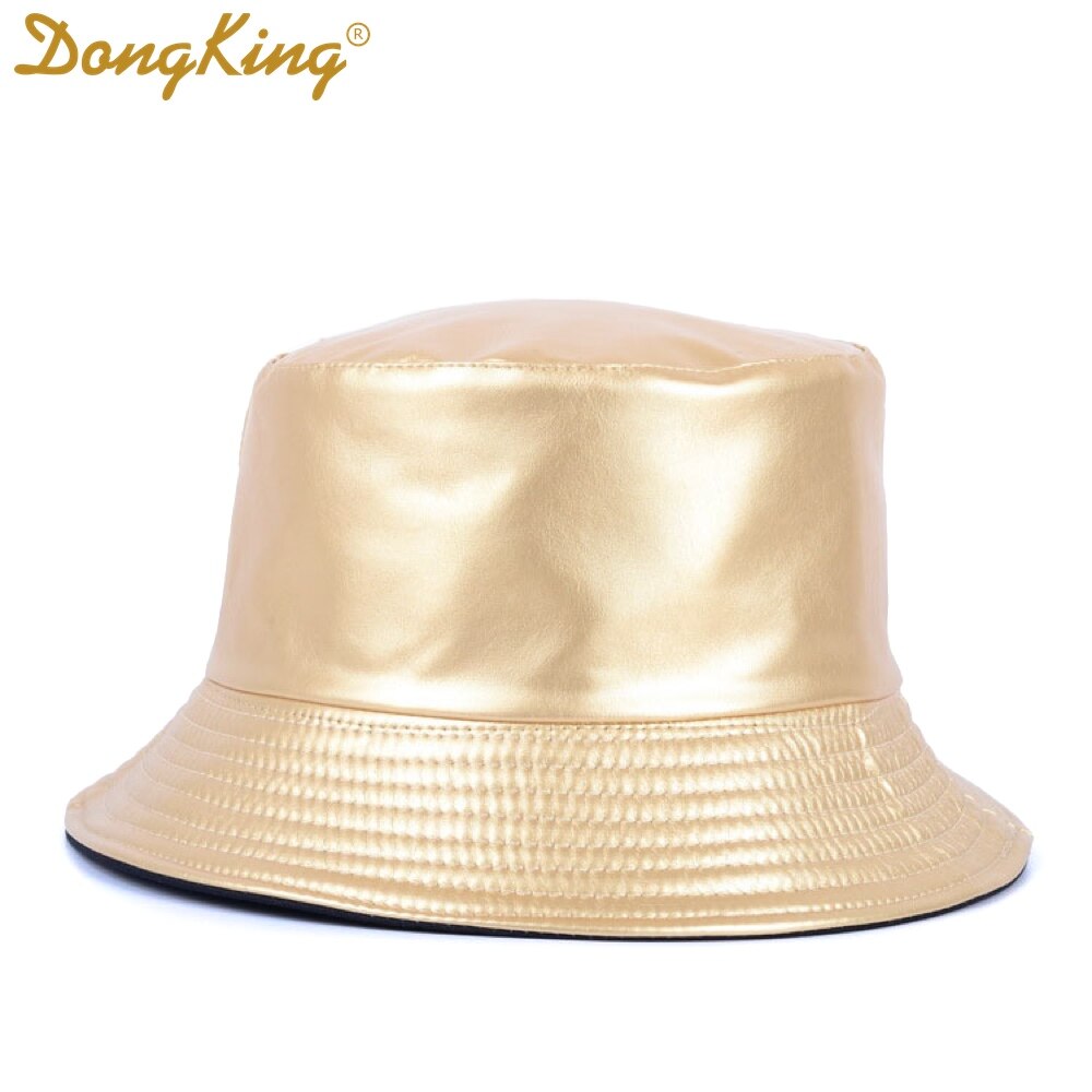 Dongking spand hatte kunstlæder spand hat hat dobbeltsidet hat pu & bomuld solid top damer spand kasket panama fisker kasket: Guld