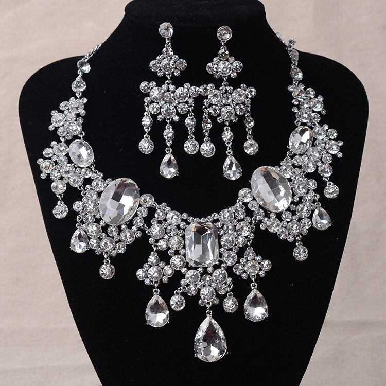 Afrikaanse Kralen Sieraden Sets Grote Strass Klassieke Indiase Crystal Bridal Sieraden Set Water Verklaring Ketting Oorbellen Set