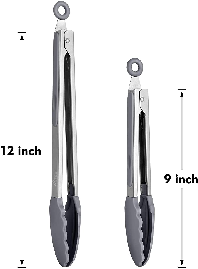 Hotec Premium Stainless Steel Locking with Silicon Tips Food Grade Silicone Tong Bread Serving Kitchen Tools BBQ