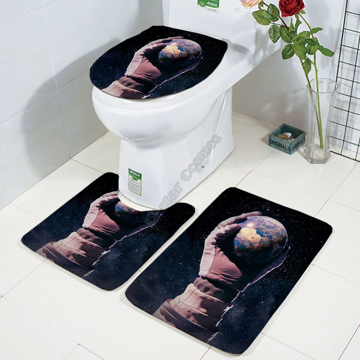 Galaxy astronaut Three-piece set 3D printed Bathroom Pedestal Rug Lid Toilet Cover Bath Mat Set 03: 3