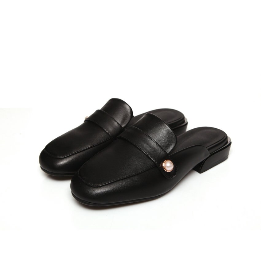 Qutaa Ronde Neus Kraal Casual Comfort Vrouwen Schoenen Vierkante Hak Slingback Pu Leer Alle Match Zomer Slip Op Sandalen size34-43: Black / 5