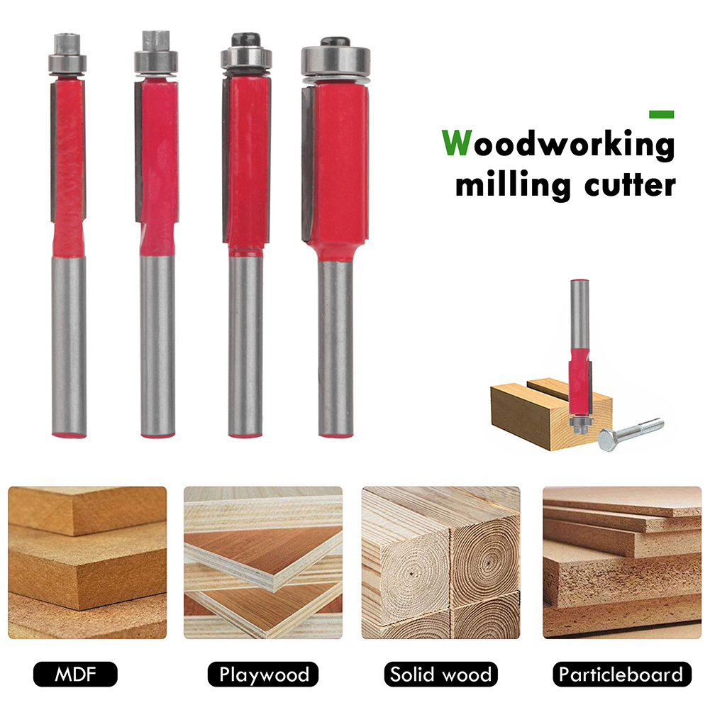 4/7Pcs 1/4" Shank Flush Trim Router Bits End Mill For Wood Lengthened Trimming Cutters With Bearing Woodworking Tool