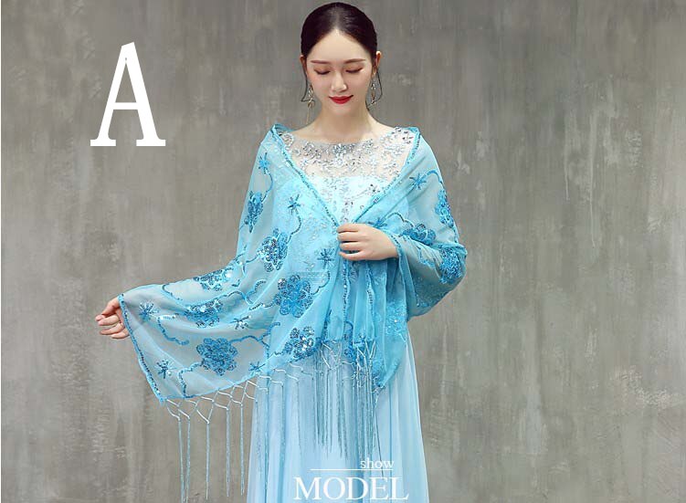 Kvinder cheongsam rød guldblå aftenomslag sjal paljetter blonder wrap med lang kvast formel bryllupsfest damer bolero: En lyseblå