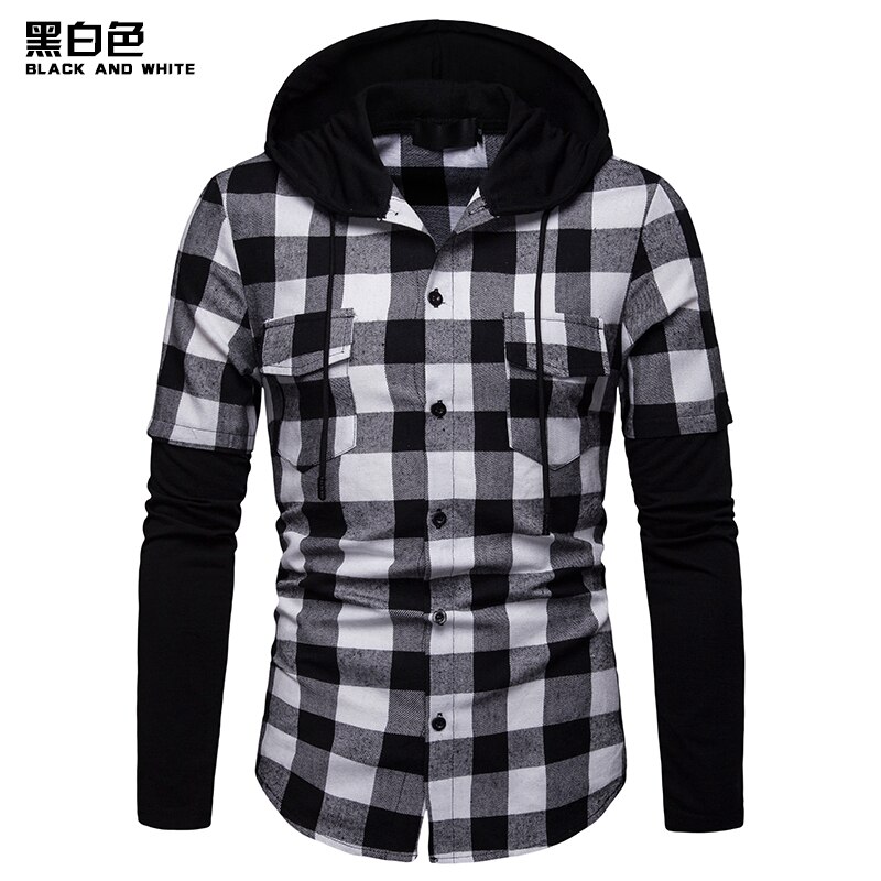 Mænds casual slim fit skjorte plaid hætte med to lommer langærmet top skovhugger ternet skjorte jack tøj 205 #39: Hvid / S